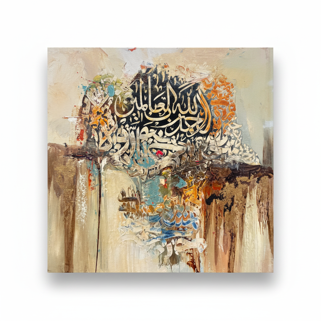 Arabic calligraphy square canvas art on white background with shadow, no frame – product shot