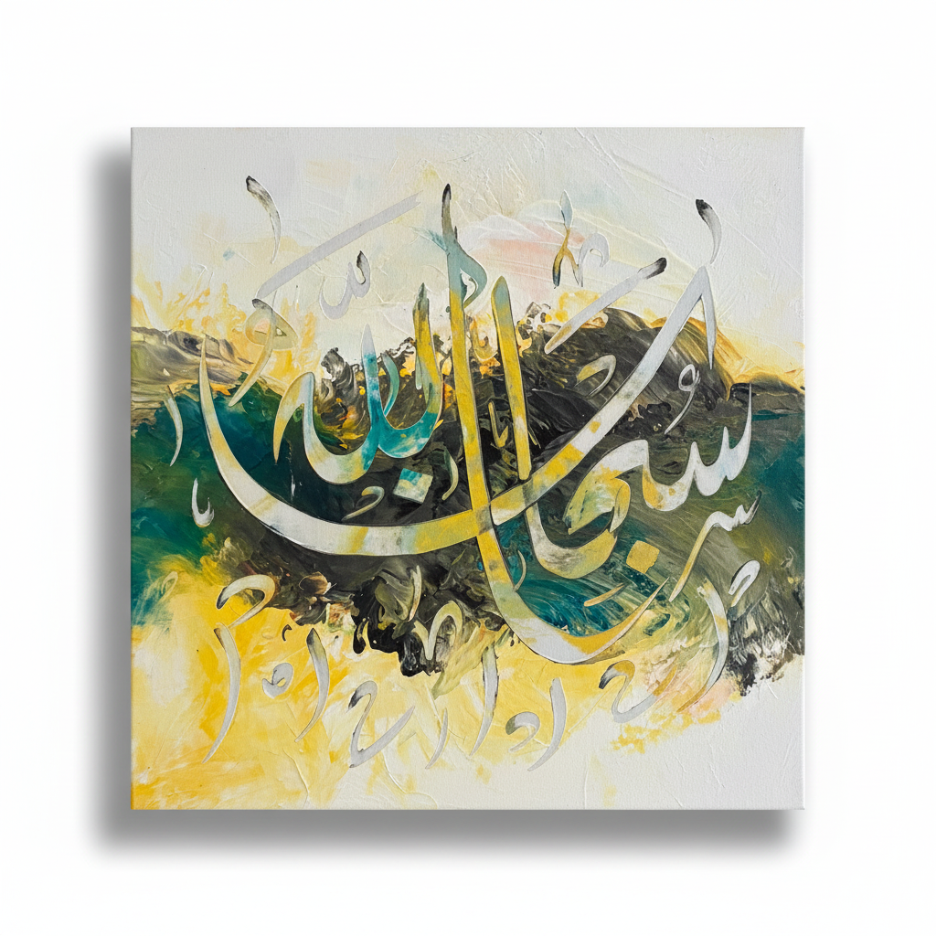 SubhanAllah bold script calligraphy canvas isolated on white background with soft drop shadow