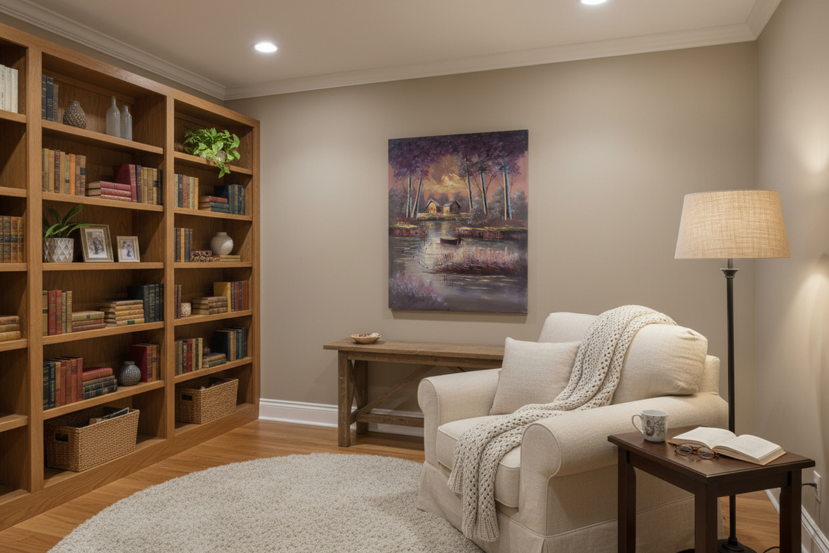 Original twilight woodland oil painting displayed in a cozy sitting and reading room — frameless wall art