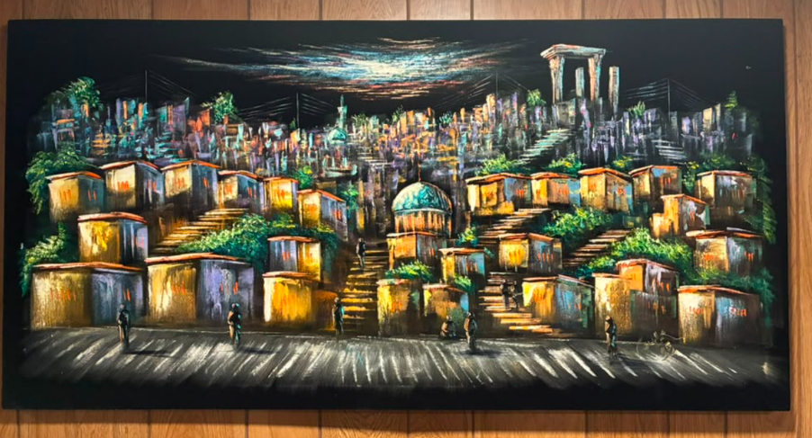 Terraced hillside city night scene canvas wall art – original painting with golden glowing houses, teal mosque dome archway, green trees, figures, cyclists, and ancient columns on hilltop