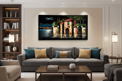 Waterfront Boathouse Villa painting displayed in luxury living room area setting