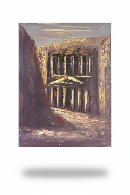 Petra Treasury oil painting with transparent background and soft drop shadow – no frame