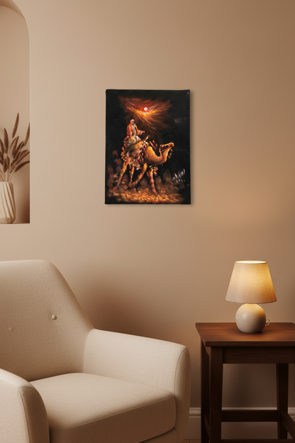 Bedouin camel rider desert moon canvas art displayed in small cozy room lifestyle photo
