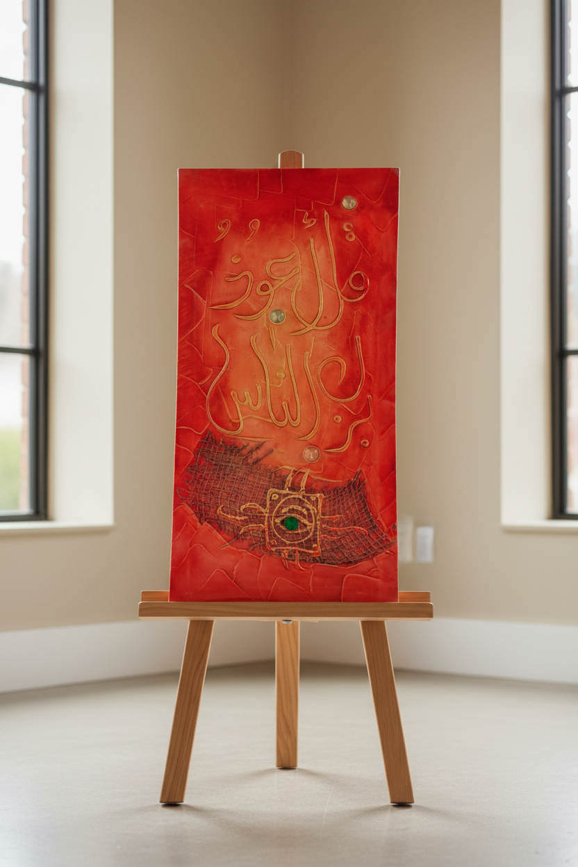 Islamic calligraphy red-orange canvas displayed on art stand