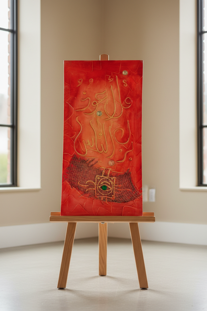 Islamic calligraphy red-orange canvas displayed on art stand