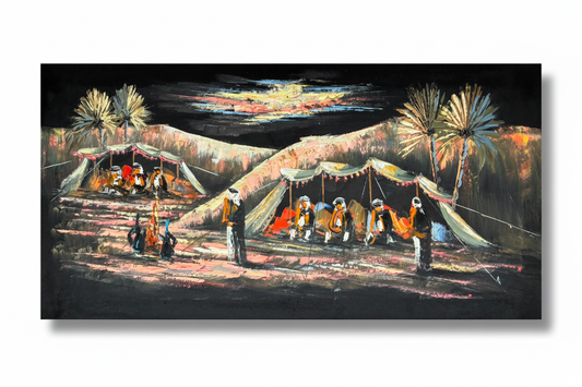 Bedouin Desert Camp at Night original oil painting on white background with natural shadow
