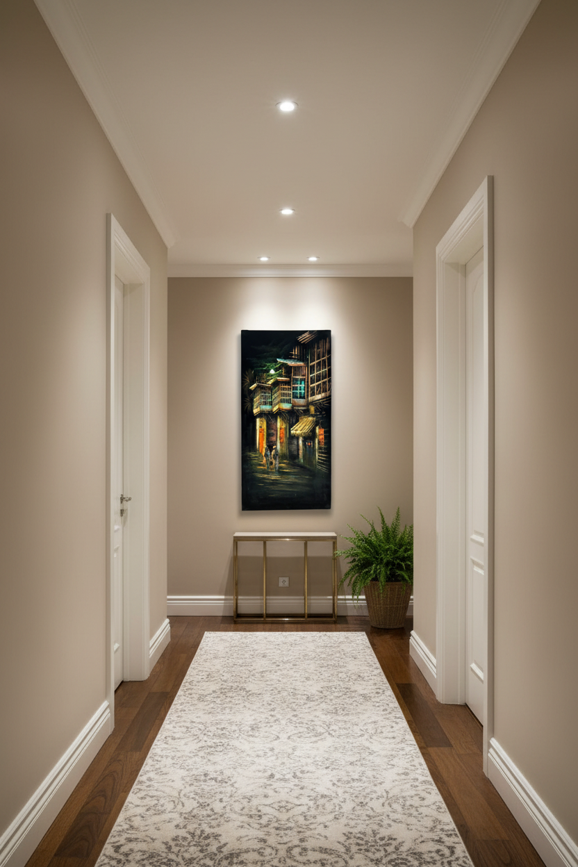 Bamboo street painting displayed in elegant hallway interior