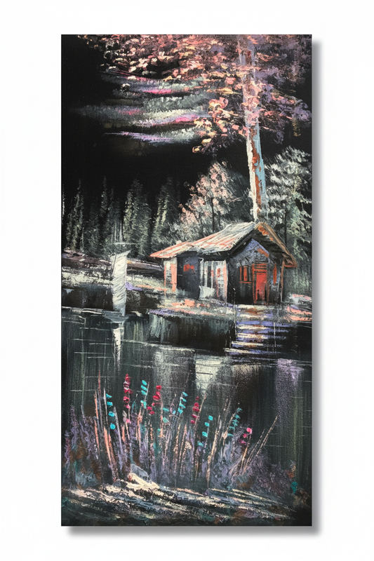 Lakeside Cabin at Night original oil painting on white background with natural shadow