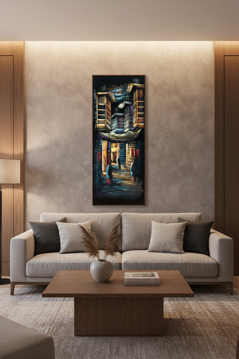Old city alley painting displayed as statement piece in luxury living room
