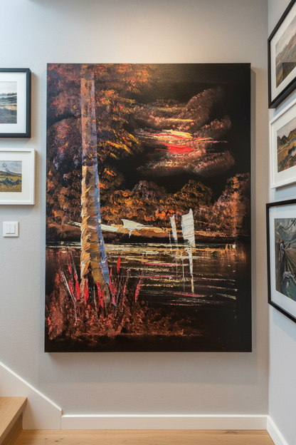 Crimson moonlit forest lake canvas art displayed on staircase gallery wall in modern home lifestyle photo