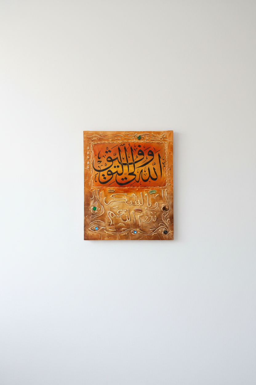 Golden amber Islamic calligraphy panel mounted on empty white wall – frameless display