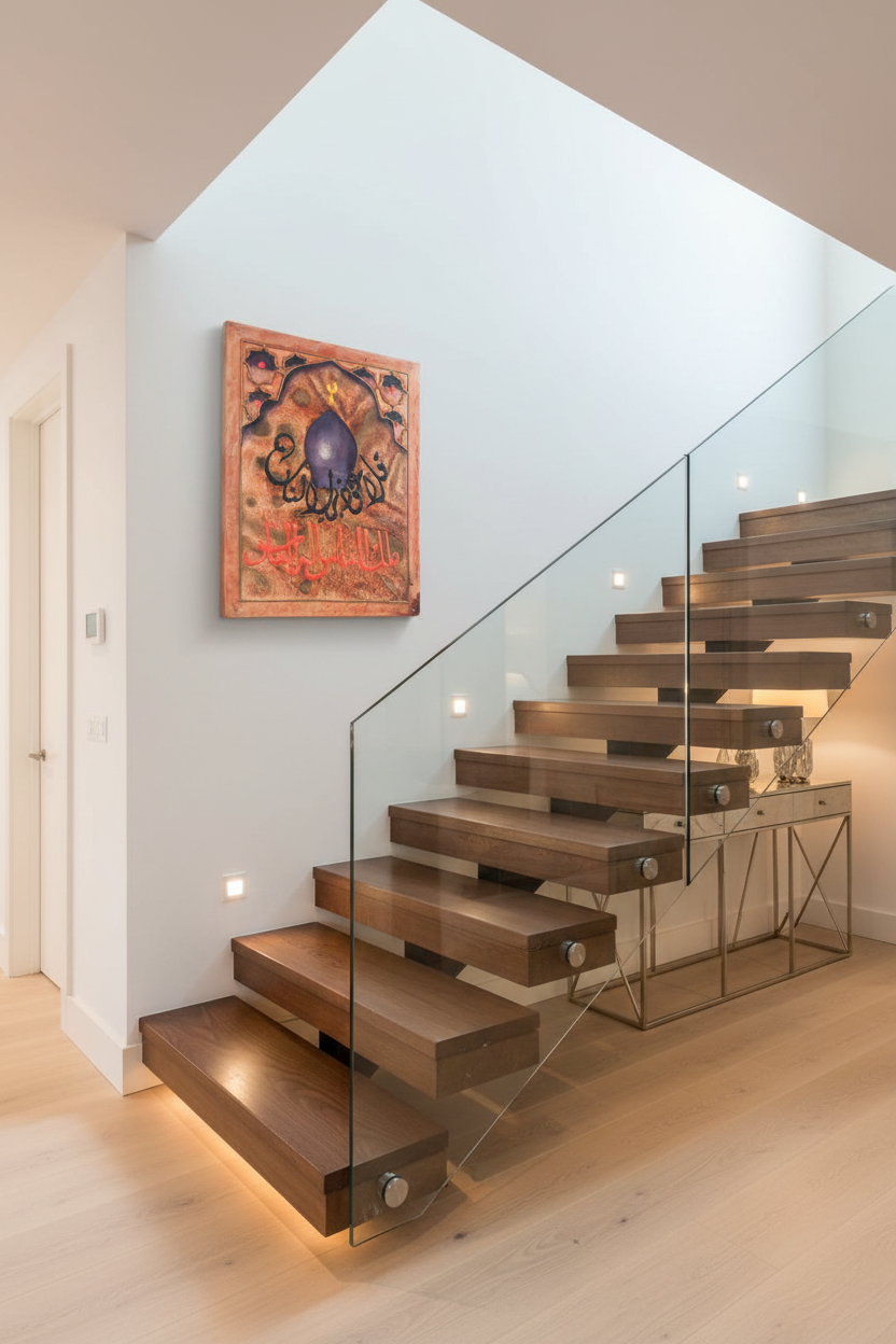 Mosque dome Islamic calligraphy copper panel mounted on staircase wall in elegant home interior