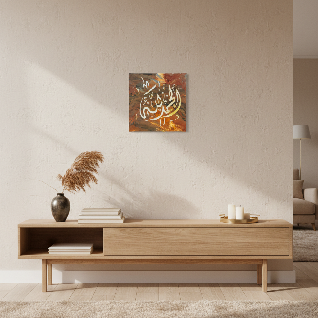 Alhamdulillah calligraphy canvas displayed above a wooden console stand in a warm modern interior
