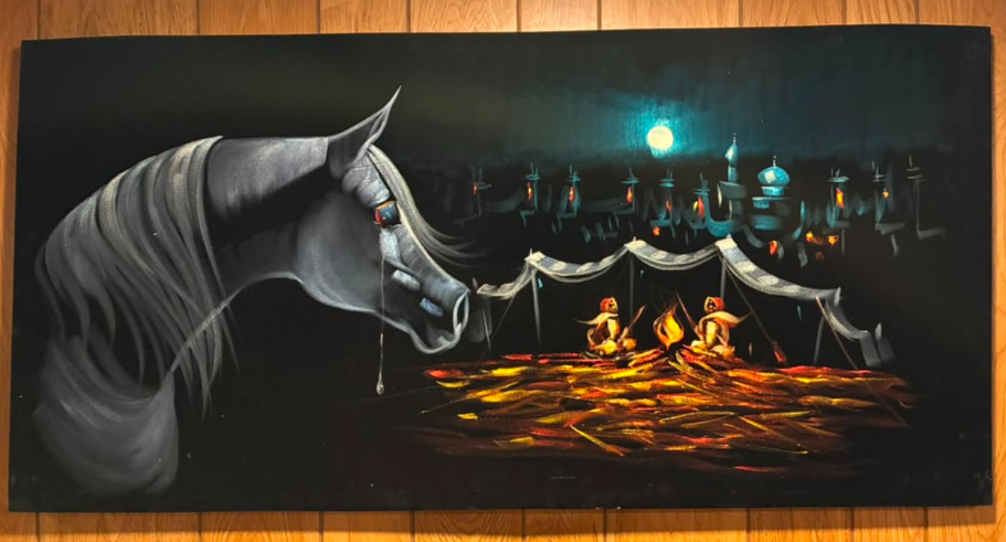 Arabian horse desert night scene canvas wall art – original painting with majestic grey horse, Bedouin campfire, torches, and mosque under moonlight