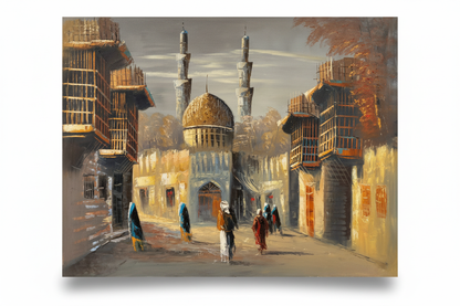 Original Middle Eastern golden dome mosque street oil painting isolated on white background with soft drop shadow — clean product shot