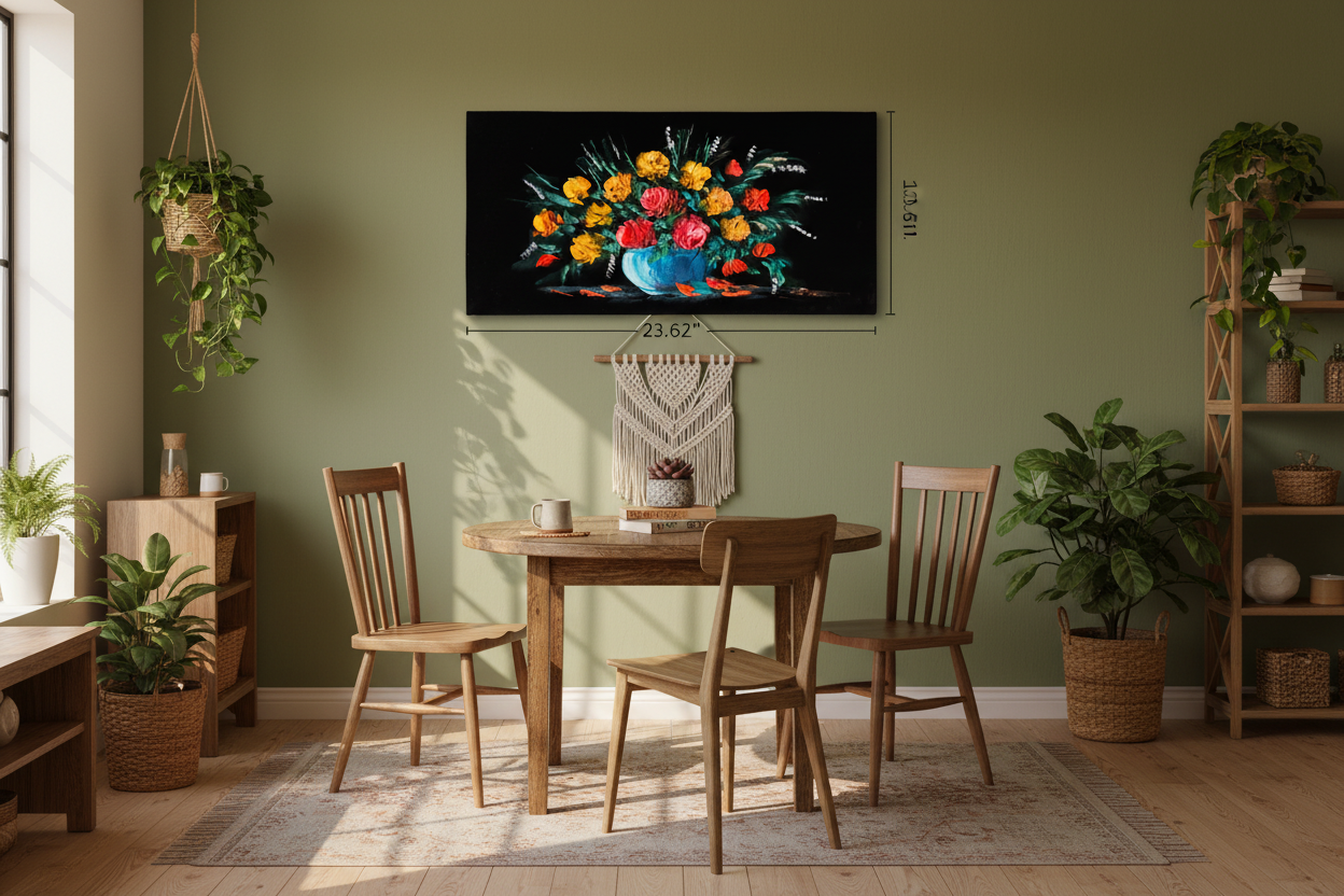 Original wide floral bouquet painting displayed unframed on a sage green bohemian kitchen dining nook wall