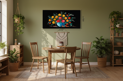 Original wide floral bouquet painting displayed unframed on a sage green bohemian kitchen dining nook wall