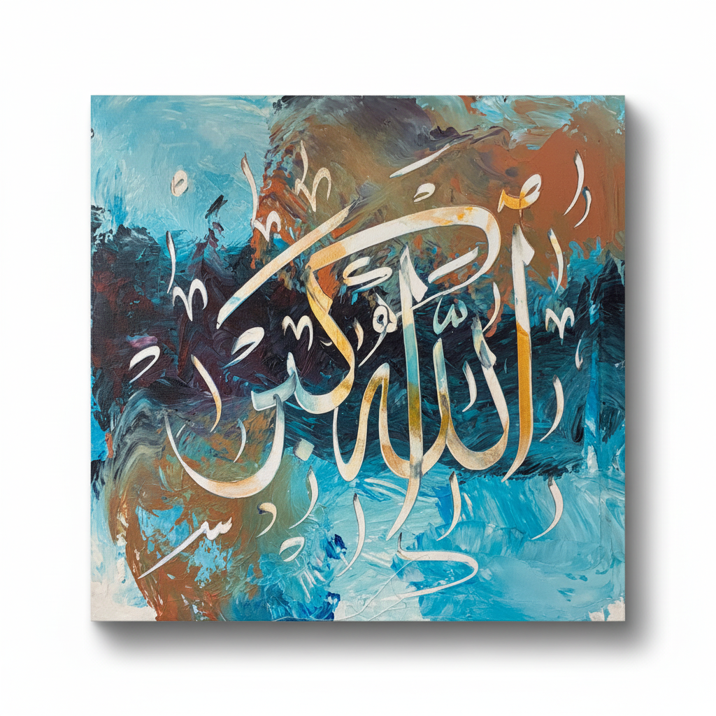 Allahu Akbar gold white calligraphy teal copper sky blue square canvas art on white background with shadow, no frame, product shot