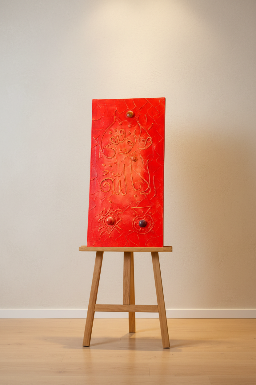 Islamic calligraphy bold red canvas displayed on art stand
