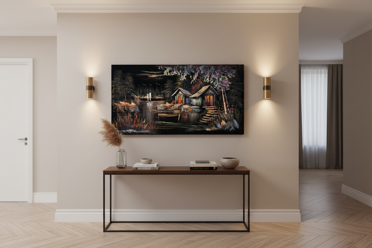 Lakeside cabin night scene canvas wall art displayed in elegant hallway