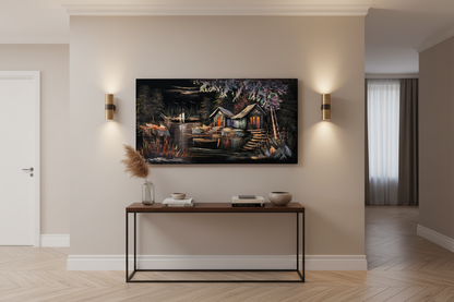 Lakeside cabin night scene canvas wall art displayed in elegant hallway