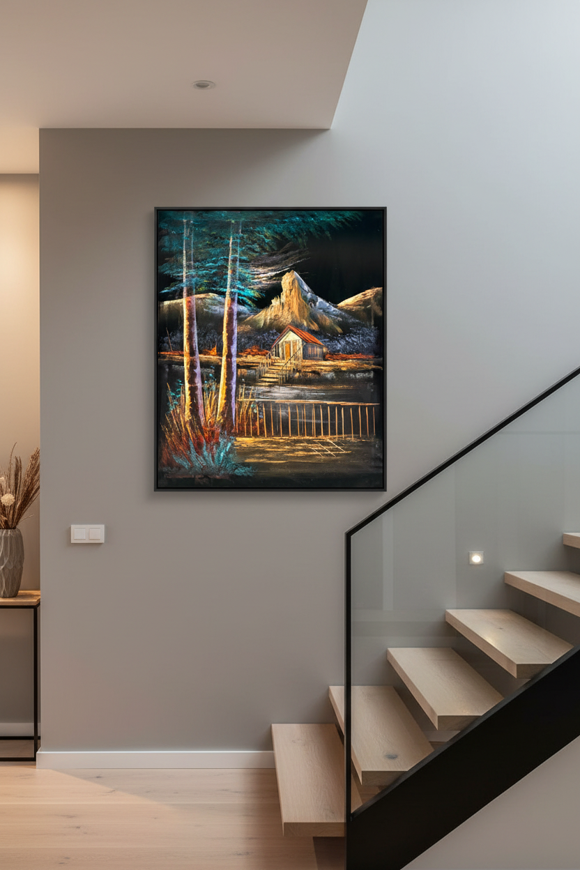 Dramatic mountain lakeside cabin night scene canvas art staged on a modern home stairway wall