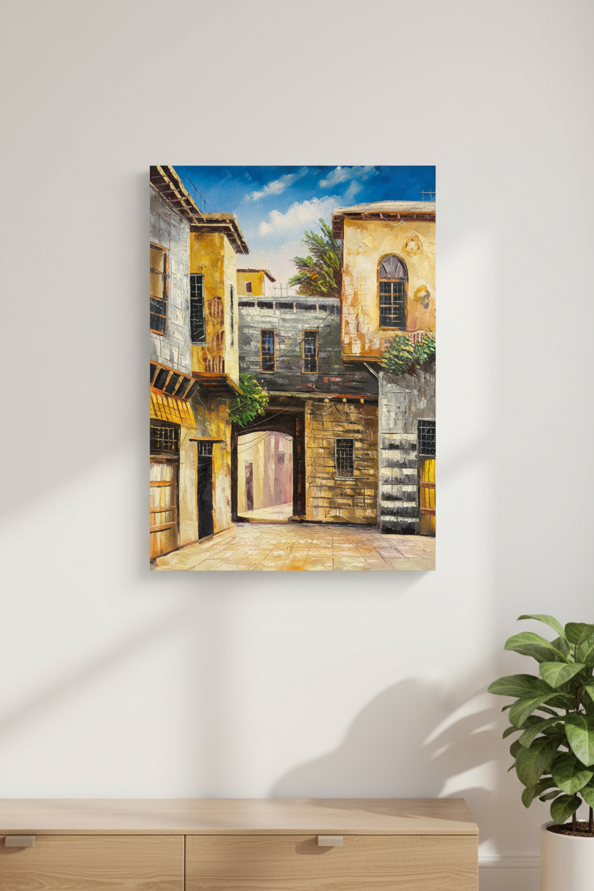 Haifa original oil painting hung centered on a clean empty white interior wall, no frame, canvas only