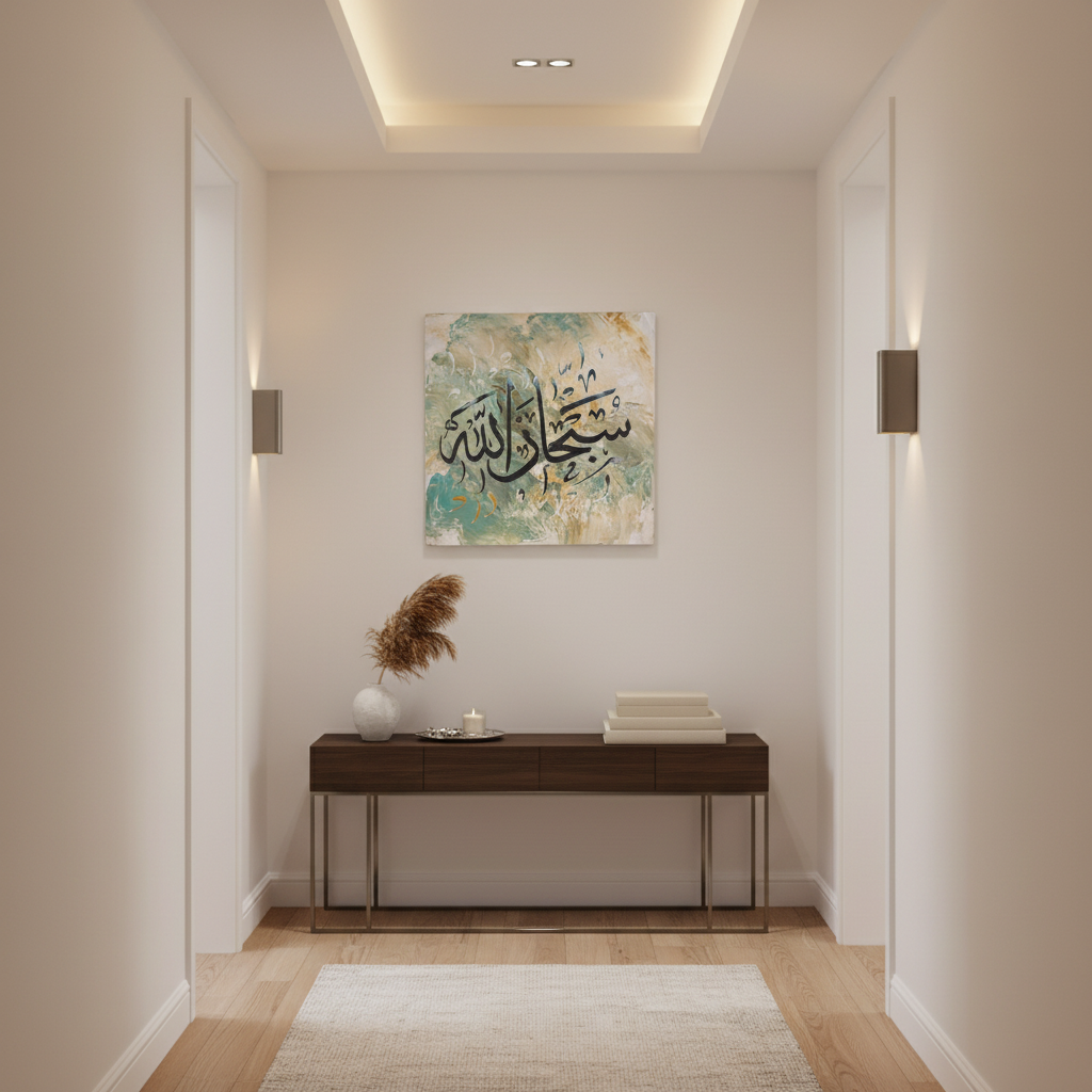 SubhanAllah teal sage square canvas art displayed in a modern hallway, no frame