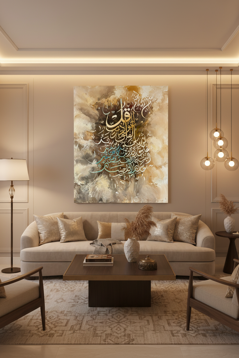 Frameless Arabic calligraphy canvas art displayed in luxury living room interior