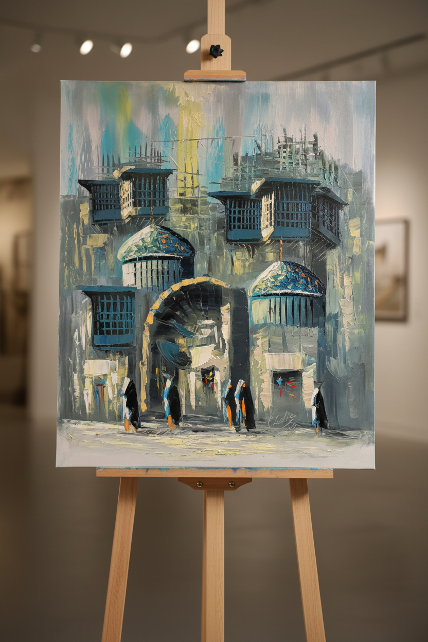 Historic city gate teal domes oil painting on wooden art easel stand, gallery setting, no frame, correct portrait proportions