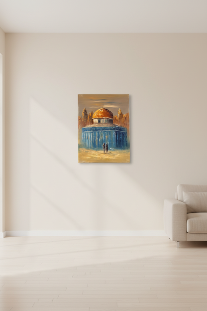 Dome of the Rock close view oil painting hung on empty wall – frameless display