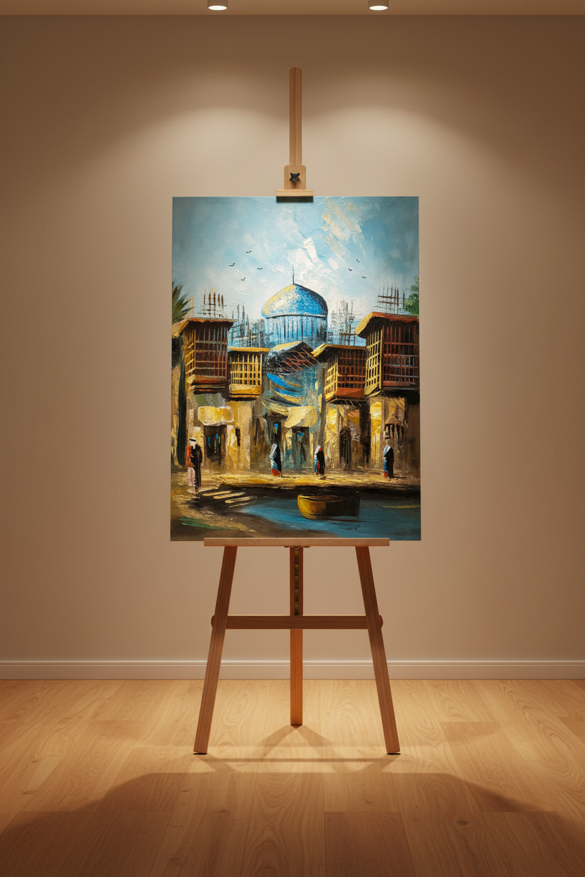 Original oil painting displayed upright on a wooden art easel stand in a warm studio, no frame