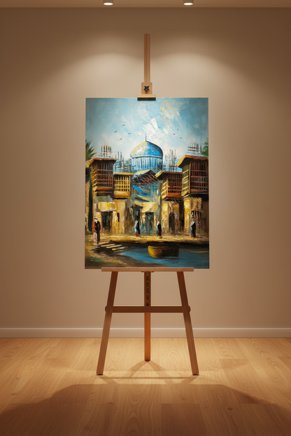 Original oil painting displayed upright on a wooden art easel stand in a warm studio, no frame