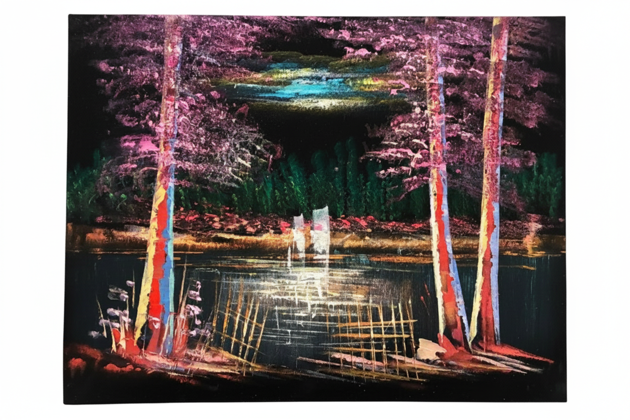 Colorful forest lake night scene fine art canvas on white background product photo