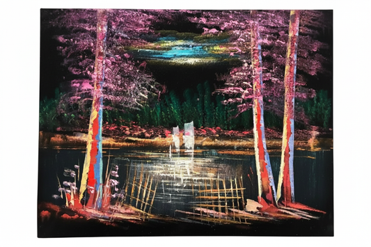Colorful forest lake night scene fine art canvas on white background product photo