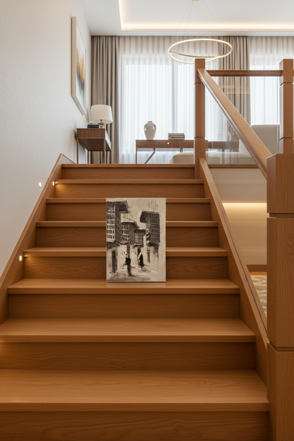 B&W narrow alleyway oil painting staged on luxury staircase ledge – no frame