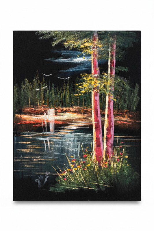 Birch Trees by the Lake at Night oil painting isolated on pure white background — clean studio product shot, no frame, portrait canvas