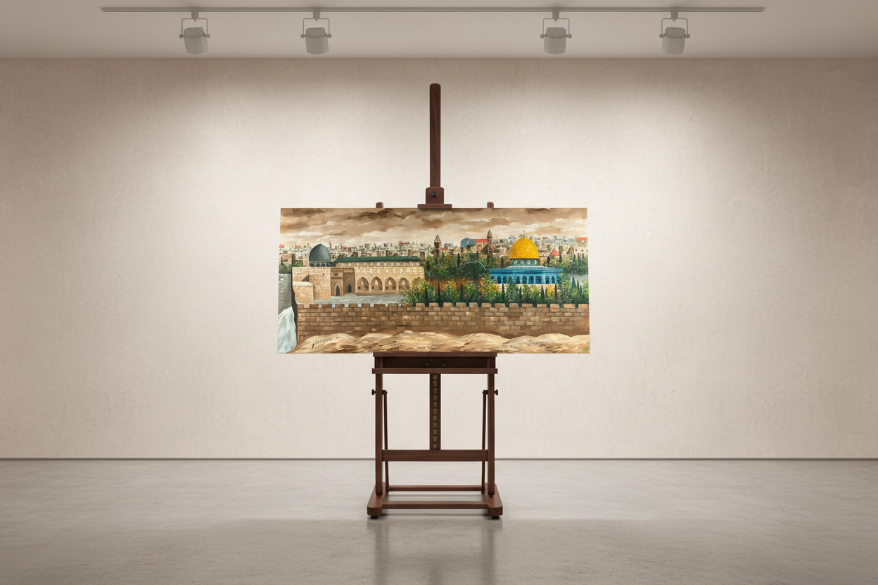 Al-Aqsa painting on display easel stand – gallery presentation