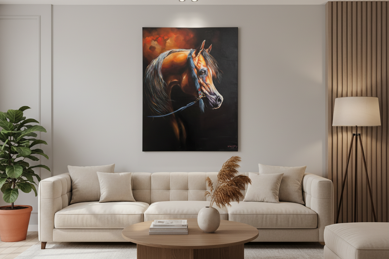 Arabian horse portrait canvas displayed as a large centerpiece in an elegant modern living room above a sofa