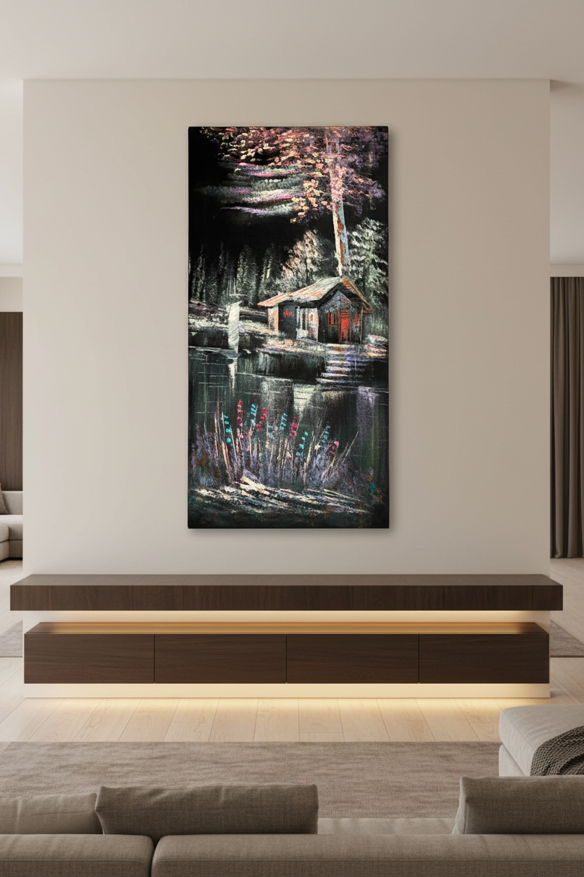 Lakeside Cabin painting displayed in luxury living room area setting