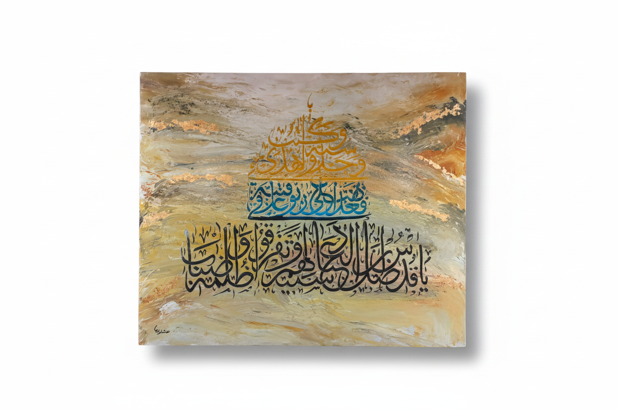 Arabic calligraphy canvas art on white background with shadow – product shot