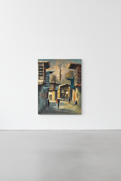 Original Middle Eastern oil painting leaning against a white gallery wall — frameless canvas, no frame area display