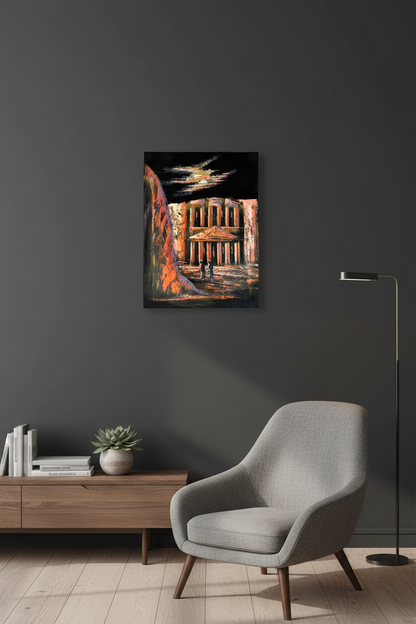 Petra Treasury crimson copper night canvas art hung on dark charcoal accent wall in sophisticated modern living room lifestyle photo
