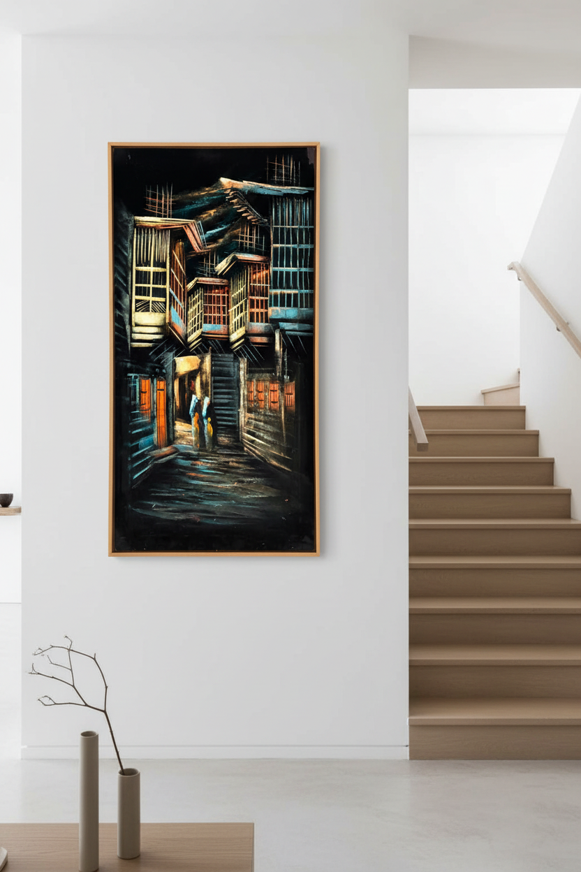 Heritage stairway painting displayed on staircase wall in luxury home interior