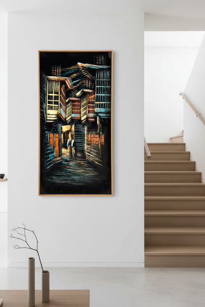 Heritage stairway painting displayed on staircase wall in luxury home interior