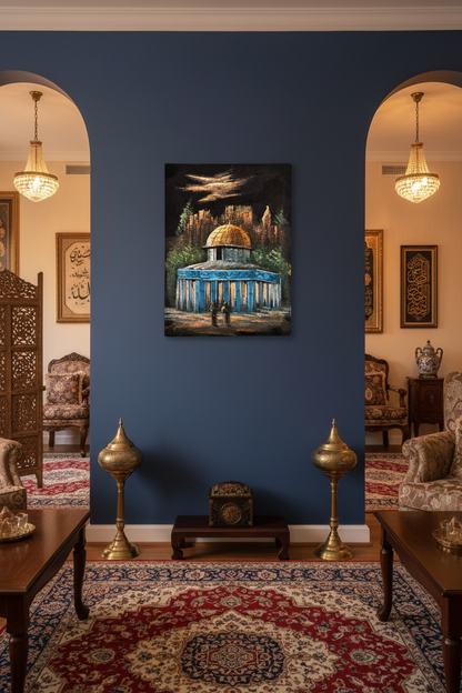 Dome of the Rock night II canvas art hung on deep navy wall in elegant Islamic inspired living room lifestyle photo