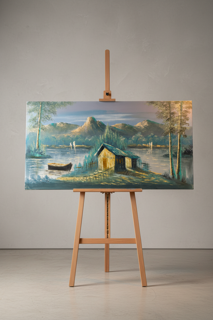 Nature painting displayed on wooden easel stand – lifestyle product view