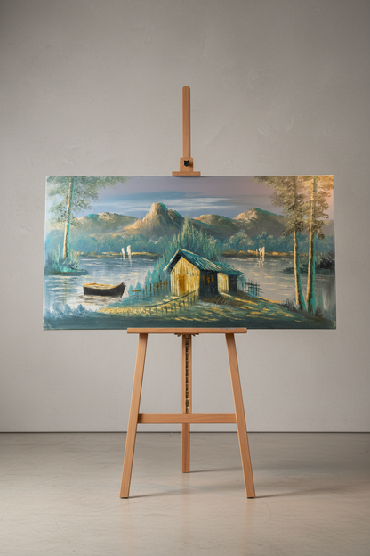 Nature painting displayed on wooden easel stand – lifestyle product view