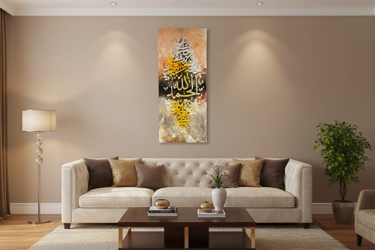 Alhamdulillah gold calligraphy canvas wall art displayed in a modern living room, no frame