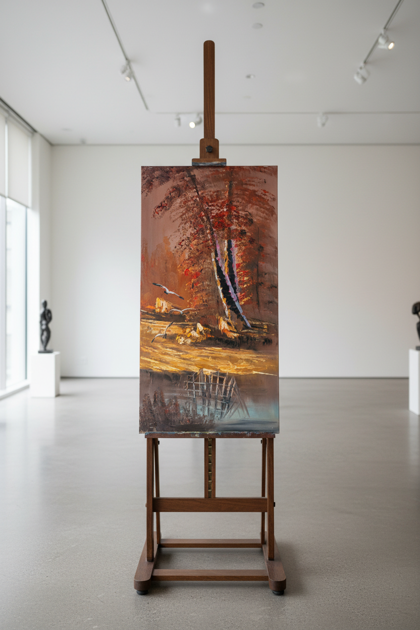 Autumn Forest Reflections oil painting displayed on art stand